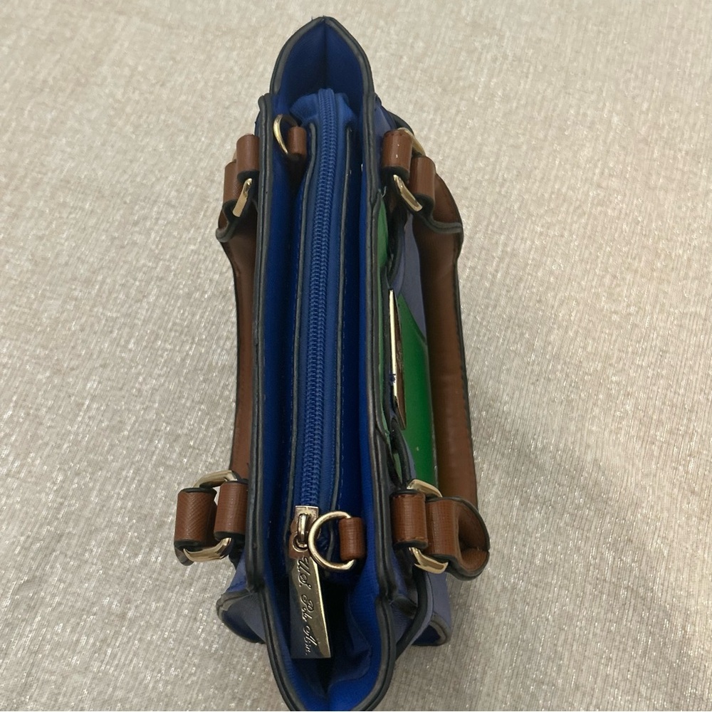 U.S. Polo Assn Satchel Handbag Blue w/Green Stripe Brown Handles Gold Hardware - Picture 5 of 14